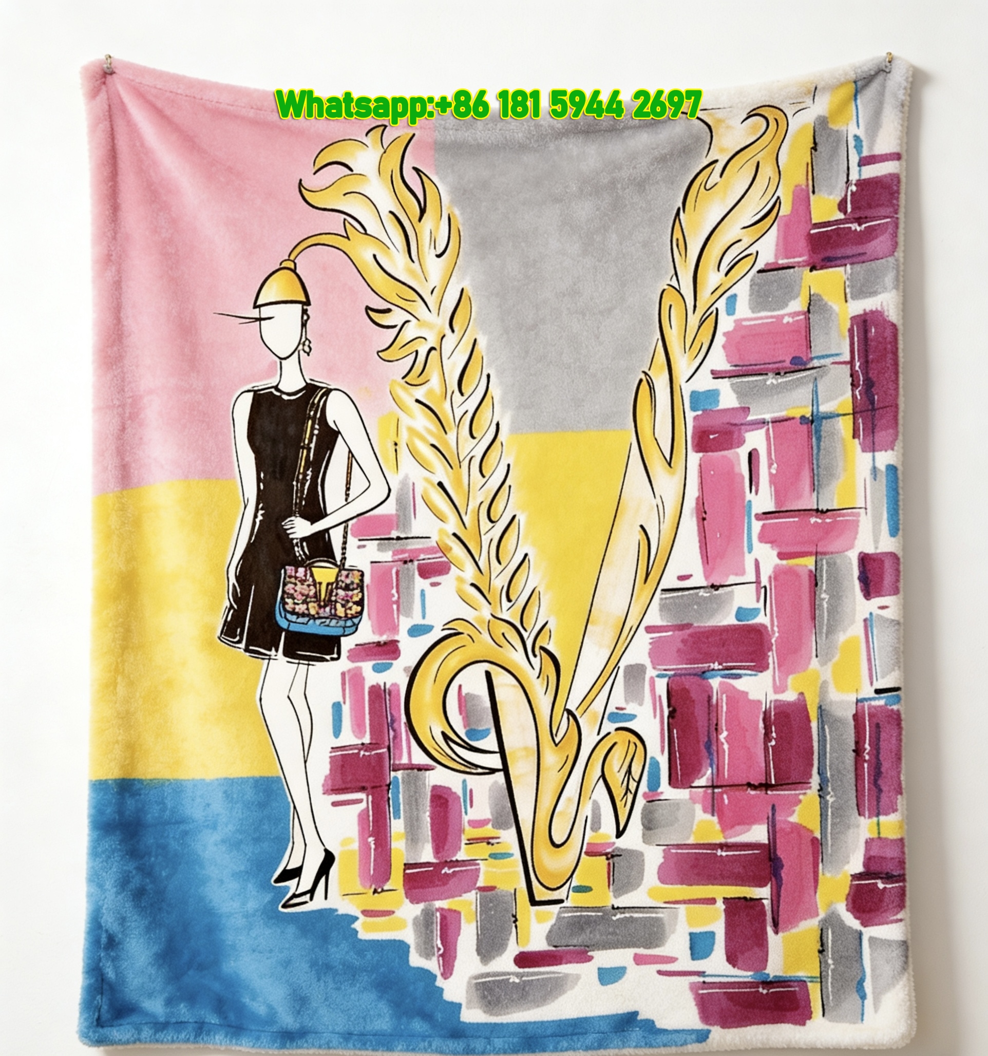 Versace Yellow Pink Fashion Illustration Print Flannel Sofa Throw Blanket IMG_1754